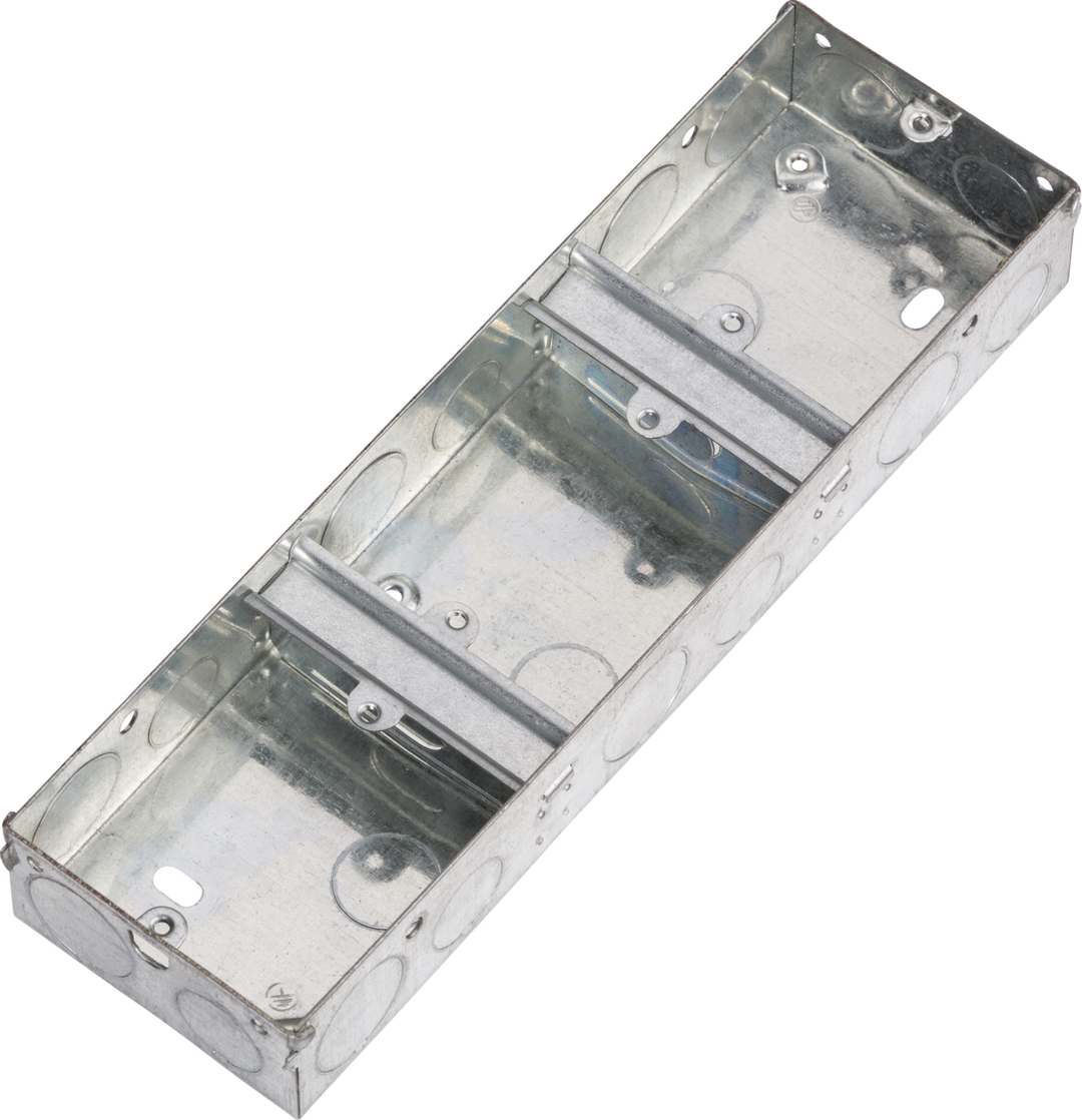 Image of K/Bridge SG335 Box 3G 35mm Stl Galv 3 Gang Triple Steel Gal, a flush mounting metal back box for switches and sockets.