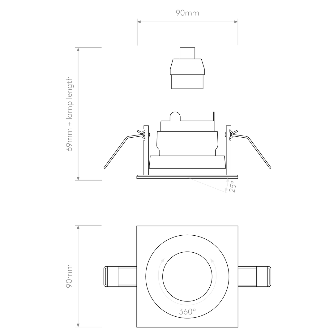 Technical diagram illustrating 90 × 90 mm trim, 83 mm cut-out, and 150 mm recess depth