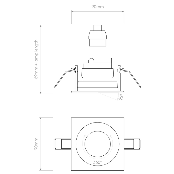 Technical diagram illustrating 90 × 90 mm trim, 83 mm cut-out, and 150 mm recess depth