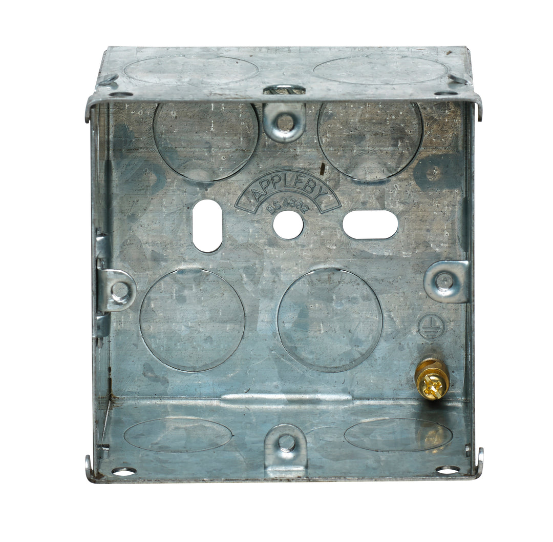 Image of Appleby SB618 Flush Box 1 Gang 47mm 1 Gang Adjustable Lug F, a flush mounting metal back box for switches and sockets.