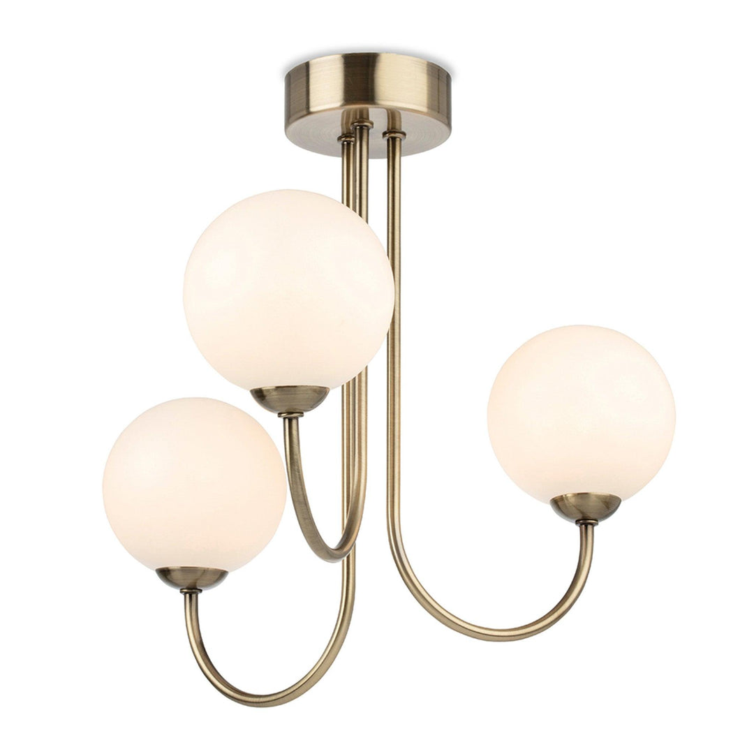 Lyndon 3 Light Flush Fitting Antique Brass with Opal White Glass - Prisma Lighting