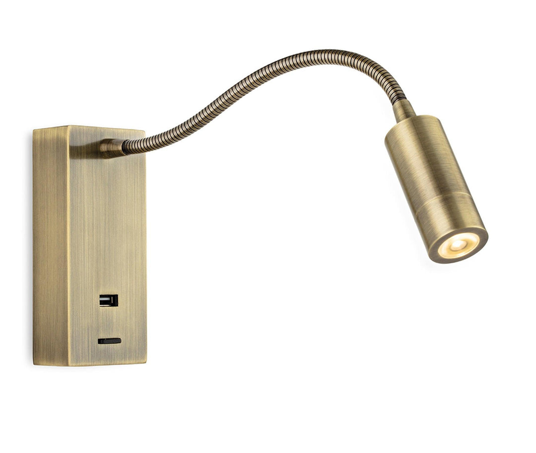 Clifton LED Flexi Wall Light & USB Antique Brass - Prisma Lighting