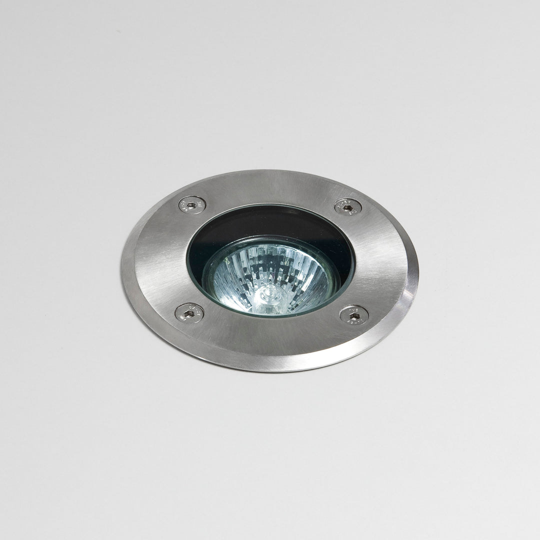 Astro Gramos Round Ground Light in Brushed Stainless Steel, recessed exterior fitting