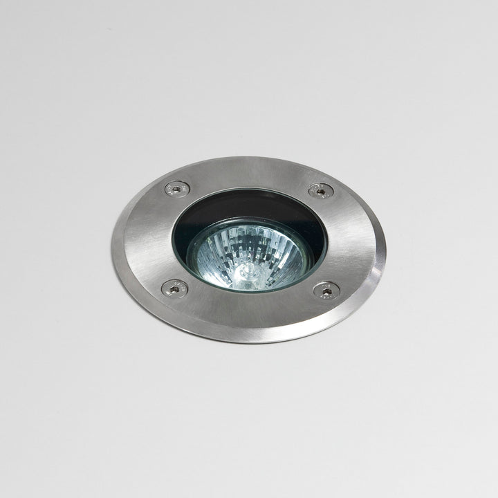 Astro Gramos Round Ground Light in Brushed Stainless Steel, recessed exterior fitting