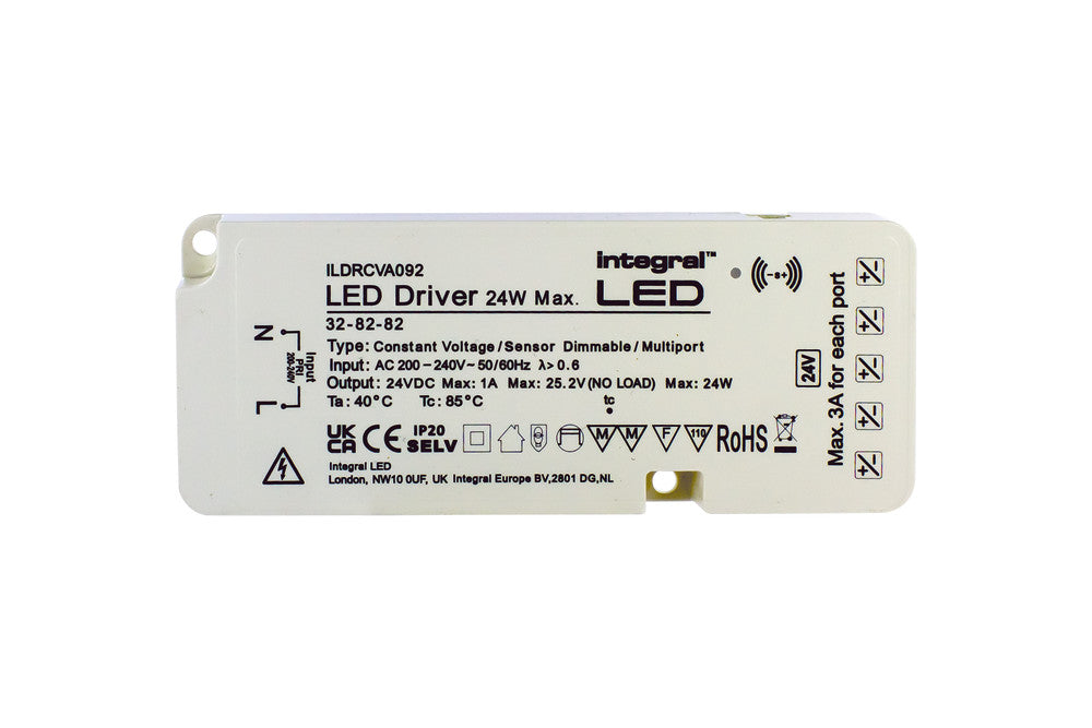 Constant Voltage Multiport (5) Dimmable Driver with Sensor, 24W Max, 24VDC, IP20, 200-240V Input, UK Plug - Prisma Lighting