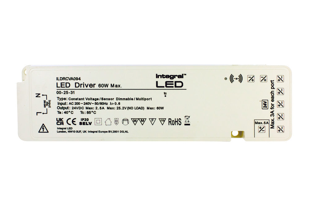 Constant Voltage Multiport (7+1) Dimmable Driver with Sensor, 60W Max, 24VDC, IP20, 200-240V Input, UK Plug - Prisma Lighting