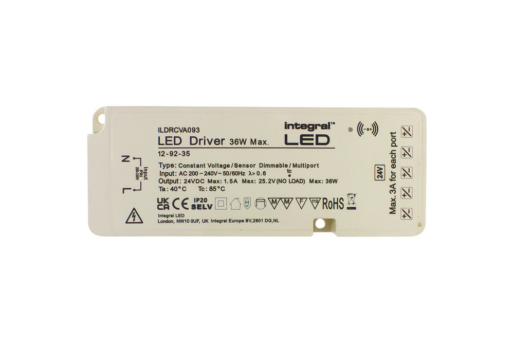 36W Max Constant Voltage Multiport (5) Dimmable Driver with Sensor, 24VDC, IP20, 200-240V Input, UK Plug - Prisma Lighting