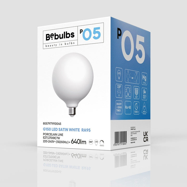 LED Porcelain Oversized Globe Bulb G150 7W 640LM E27 Satin 2700K RA95 Dimmable