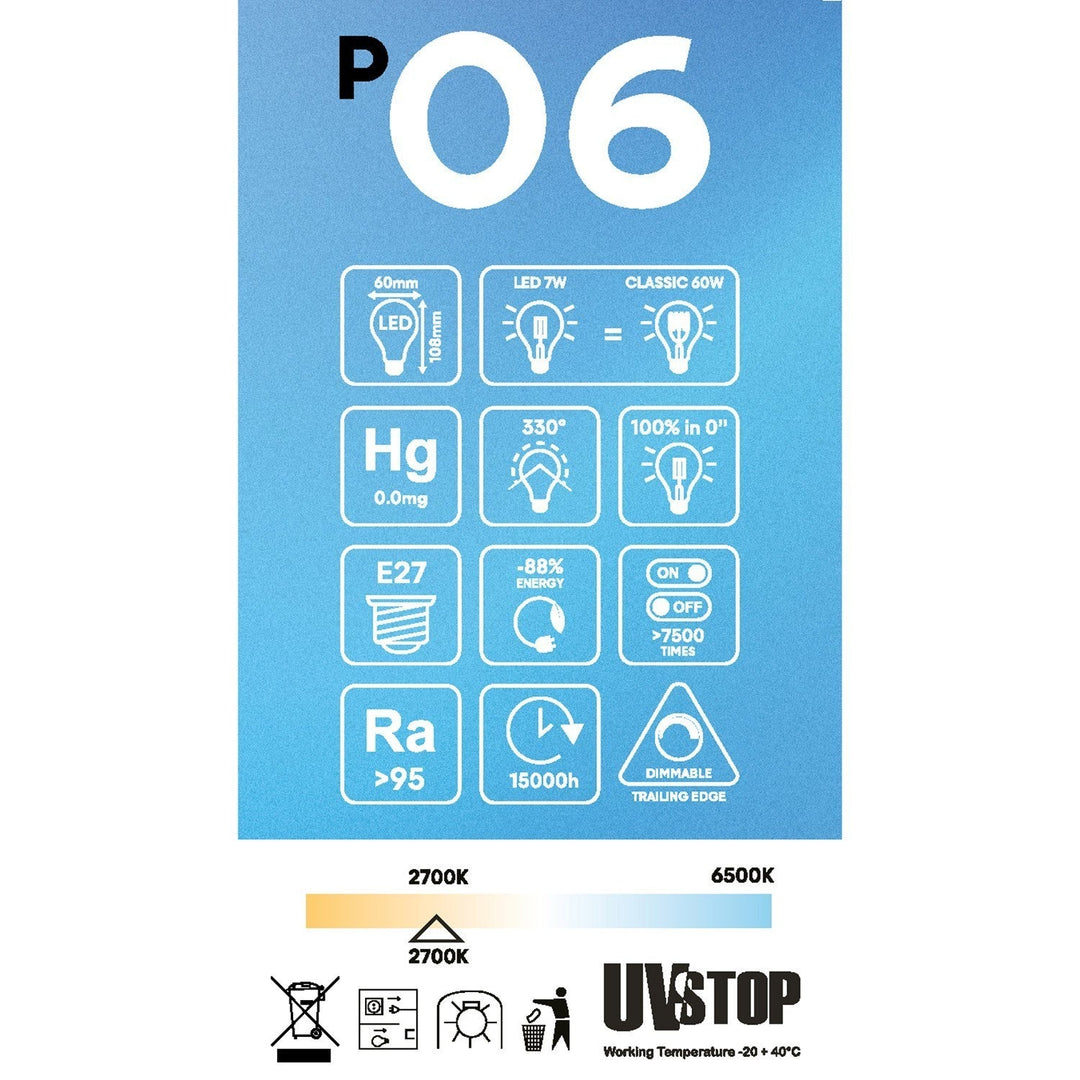 LED Porcelain Standard Bulb A60 7W 640LM E27 Satin 2700K RA95 Dimmable
