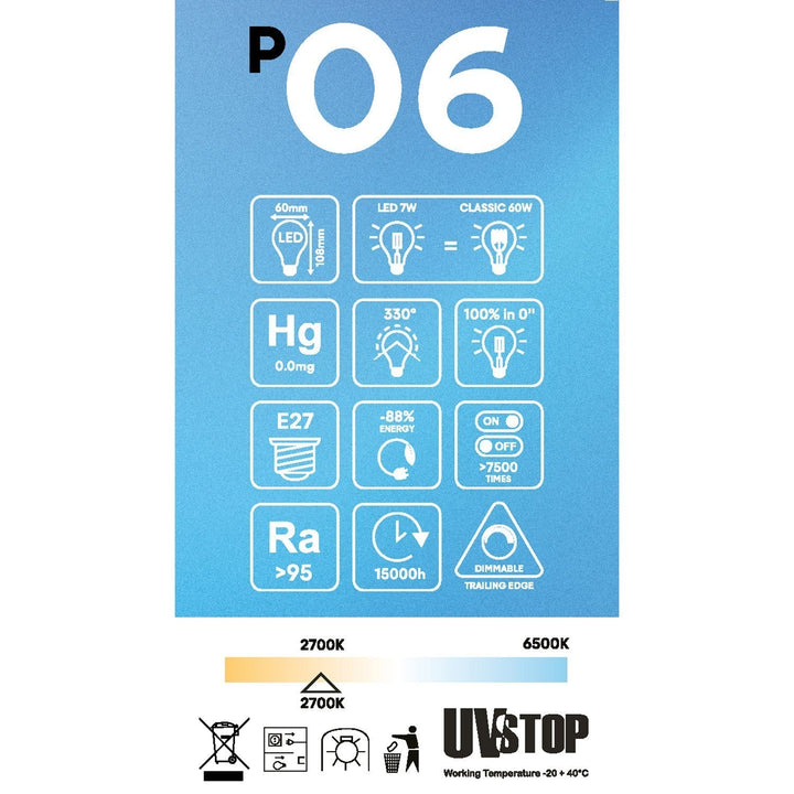 LED Porcelain Standard Bulb A60 7W 640LM E27 Satin 2700K RA95 Dimmable
