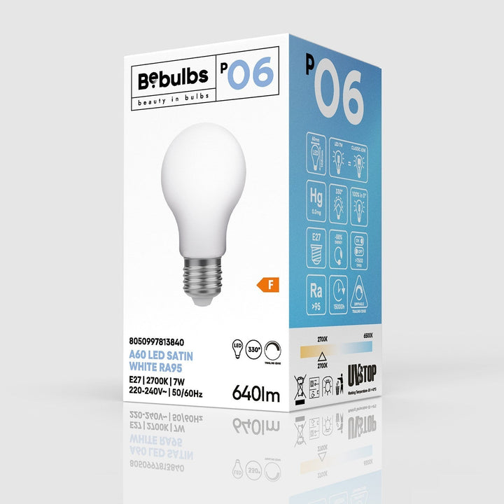 LED Porcelain Standard Bulb A60 7W 640LM E27 Satin 2700K RA95 Dimmable