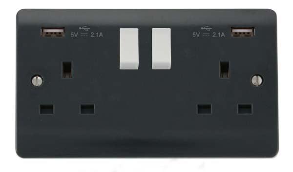 Mode Part M 13A 2 Gang Switched Socket With Twin 2.1A USB Outlets (4.2A) (Twin Earth) - Prisma Lighting