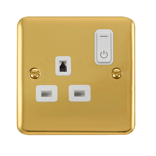Click Smart+ Ingot Deco+ 13A Single Gang RF Smart Socket in Brushed Brass & White - Prisma Lighting