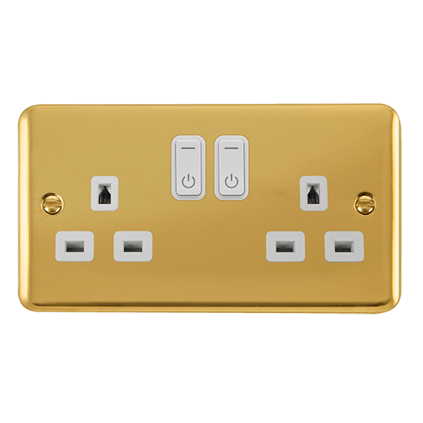 Click Smart+ Ingot Deco+ 13A Double Gang RF Smart Socket in Brushed Brass & White - Prisma Lighting