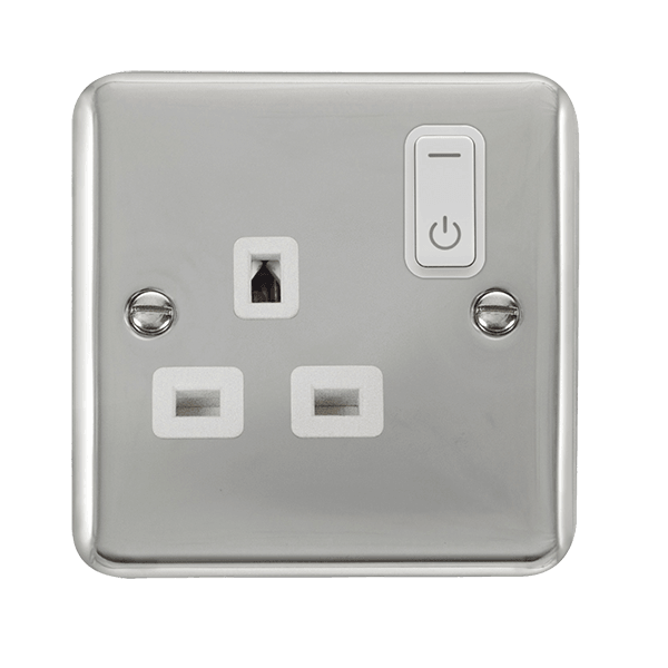 Click Smart+ Ingot Deco+ 13A Single Gang RF Smart Socket in Chrome & White - Prisma Lighting
