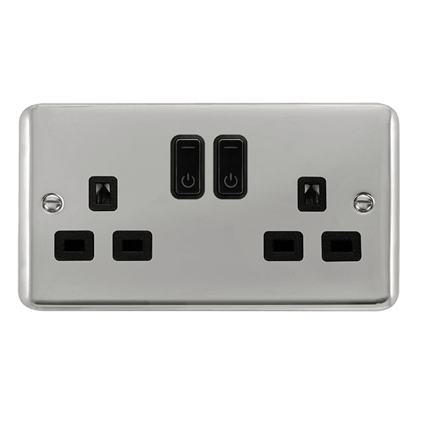 Click Smart+ Ingot Deco+ 13A Double Gang RF Smart Socket in Chrome & Black - Prisma Lighting