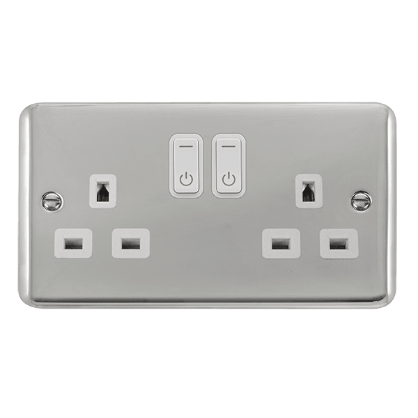 Click Smart+ Ingot Deco+ 13A Double Gang RF Smart Socket in Chrome & White - Prisma Lighting