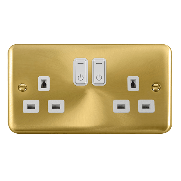 Click Smart+ Ingot Deco+ 13A Double Gang RF Smart Socket in Satin Brass & White - Prisma Lighting