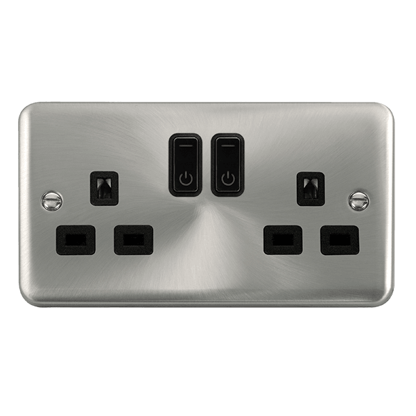 Click Smart+ Ingot Deco+ 13A Double Gang RF Smart Socket in Satin Chrome & Black - Prisma Lighting
