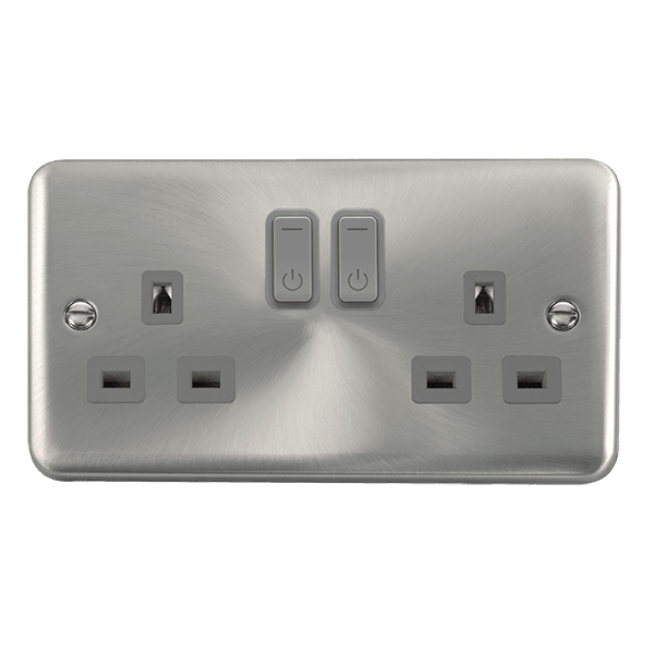 Click Smart+ Ingot Deco+ 13A Double Gang RF Smart Socket in Satin Chrome & Grey - Prisma Lighting
