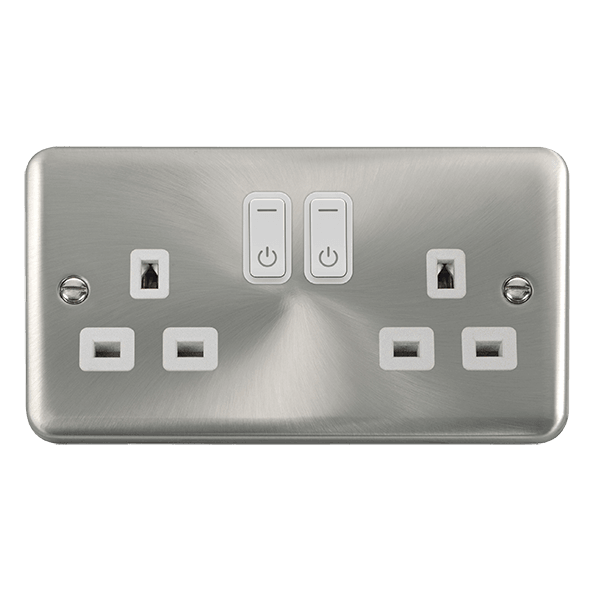 Click Smart+ Ingot Deco+ 13A Double Gang RF Smart Socket in Satin Chrome & White - Prisma Lighting