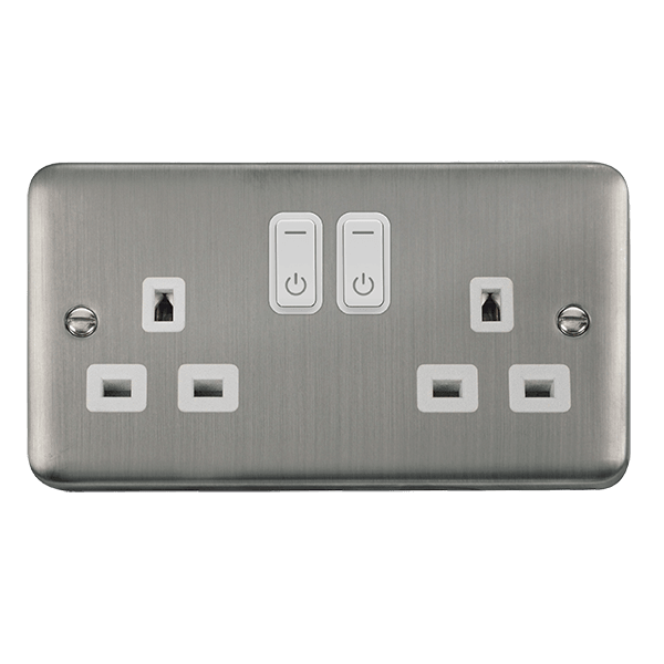 Click Smart+ Ingot Deco+ 13A Double Gang RF Smart Socket in Stainless Steel & White - Prisma Lighting