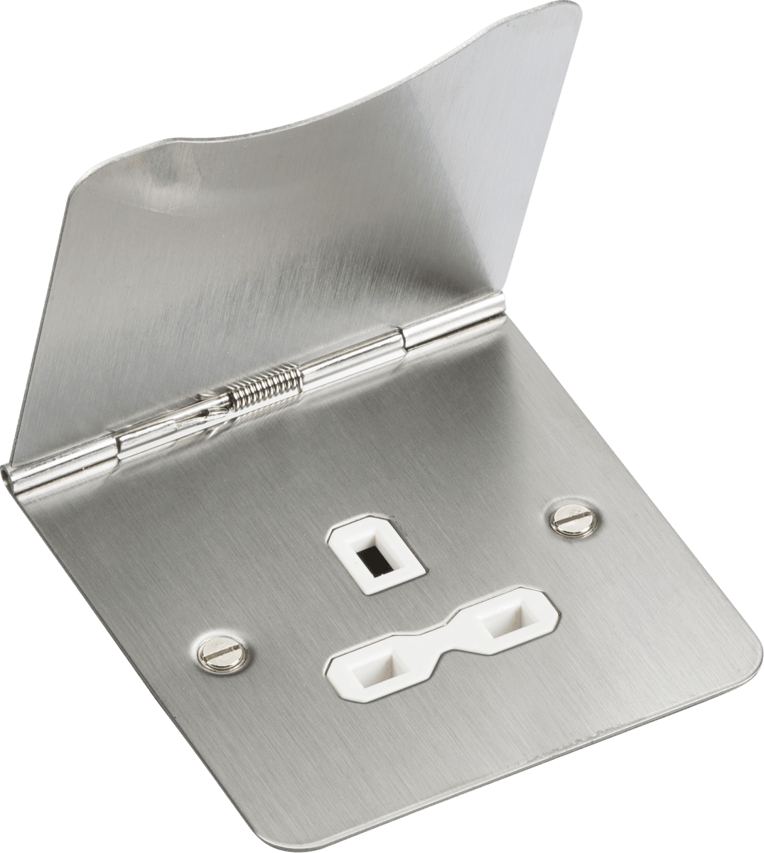 13A 1G Unswitched Floor Socket - Brushed Chrome with White Insert - Prisma Lighting
