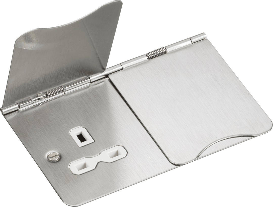 13A 2G Unswitched Floor Socket - Brushed Chrome with White Insert - Prisma Lighting