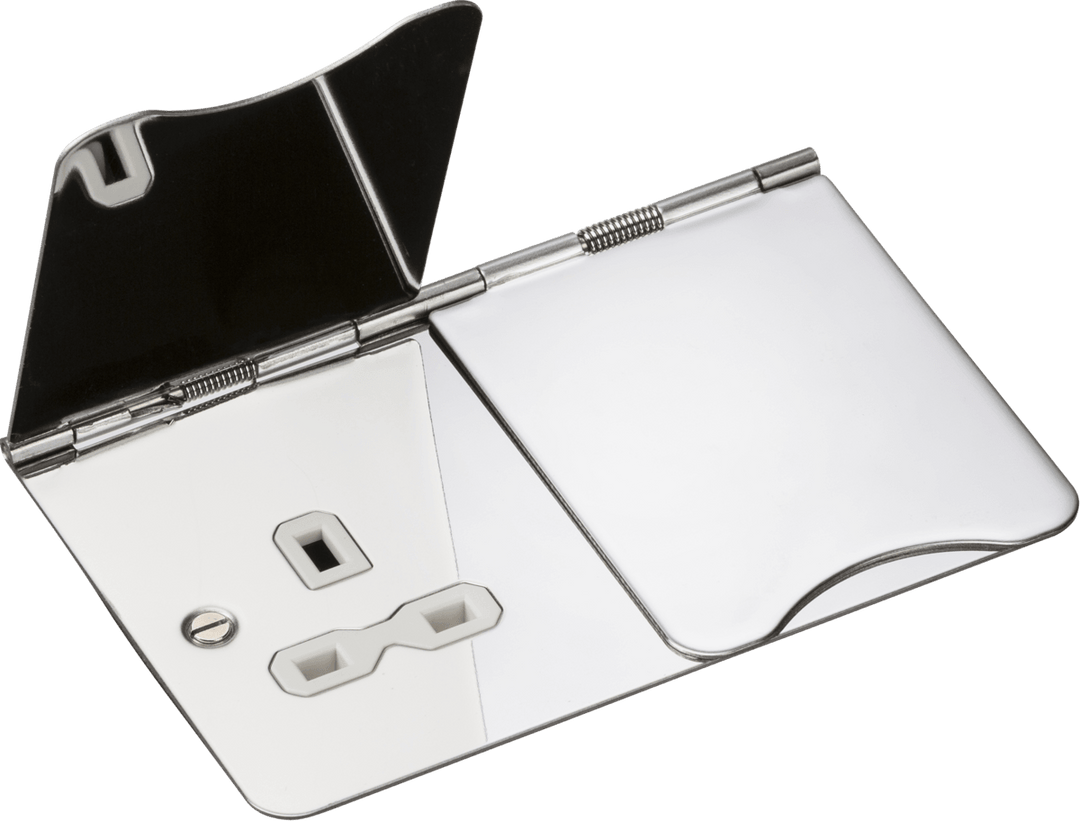 13A 2G Unswitched Floor Socket - Polished Chrome with White Insert - Prisma Lighting