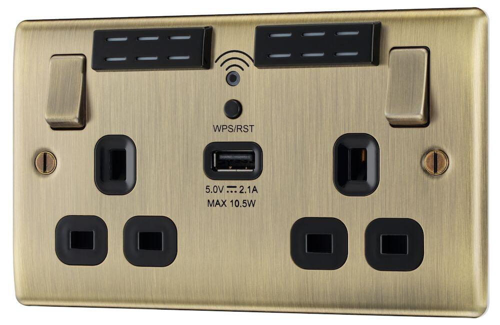 Nexus Metal Double Switched 13A Power Socket with WiFi Extender + USB Charging - 1X USB Socket (2.1A) - Prisma Lighting
