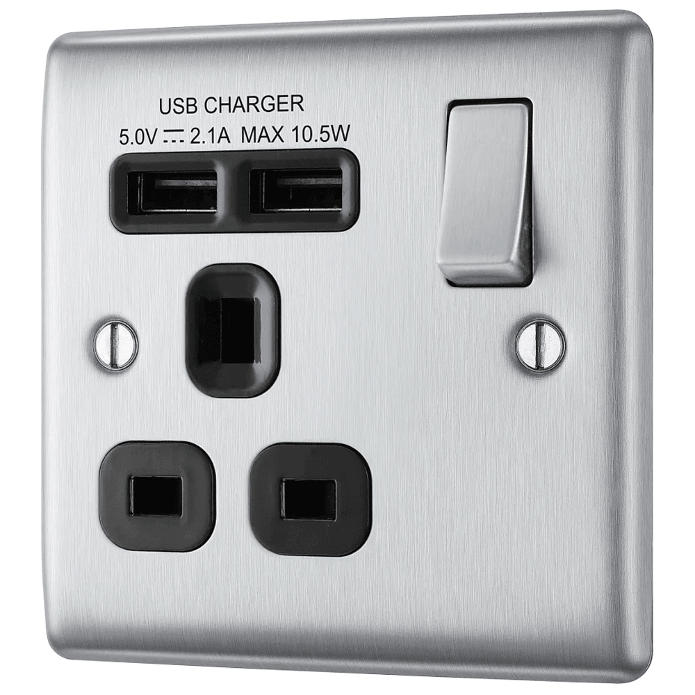 Nexus Metal Single Switched 13A Power Socket with USB Charging - 2X USB Sockets (2.1A) - Prisma Lighting
