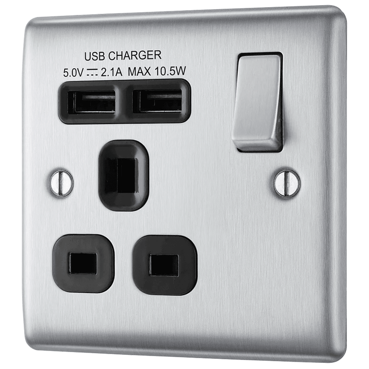 Nexus Metal Single Switched 13A Power Socket with USB Charging - 2X USB Sockets (2.1A) - Prisma Lighting