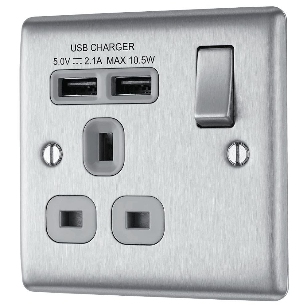 Nexus Metal Single Switched 13A Power Socket with USB Charging - 2X USB Sockets (2.1A) - Prisma Lighting