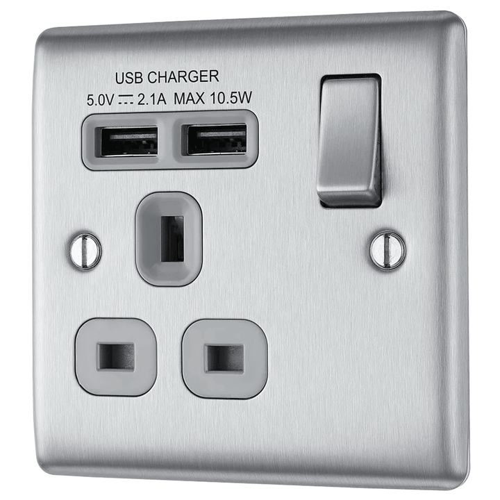 Nexus Metal Single Switched 13A Power Socket with USB Charging - 2X USB Sockets (2.1A) - Prisma Lighting