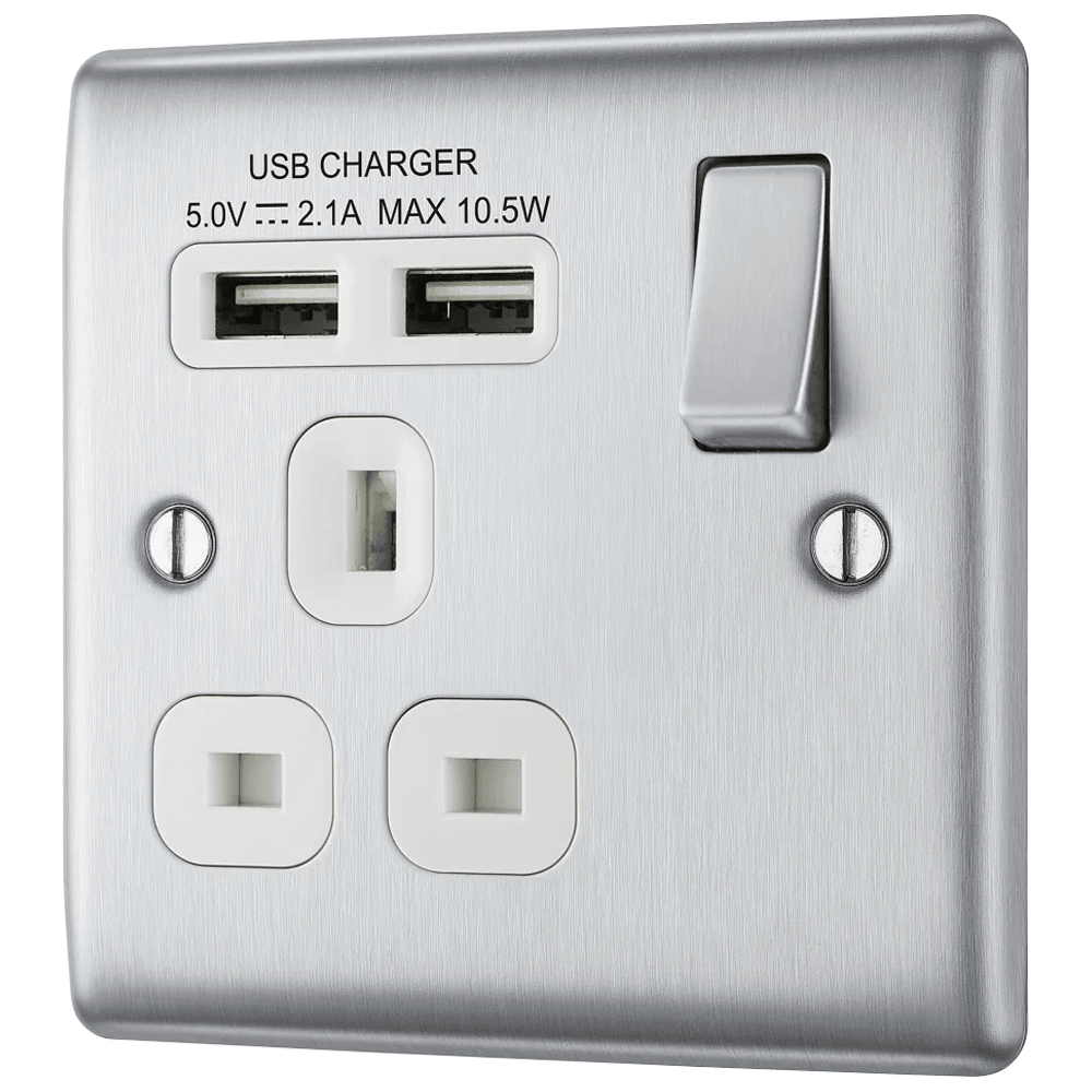 Nexus Metal Single Switched 13A Power Socket with USB Charging - 2X USB Sockets (2.1A) - Prisma Lighting