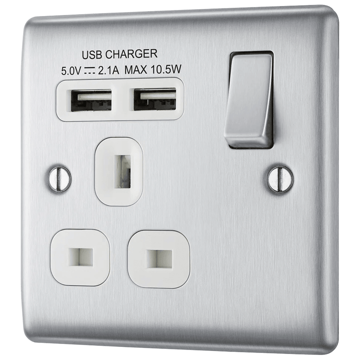 Nexus Metal Single Switched 13A Power Socket with USB Charging - 2X USB Sockets (2.1A) - Prisma Lighting