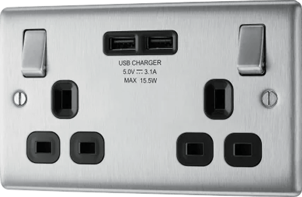 Nexus Metal Double Switched 13A Power Socket with USB Charging - 2X USB Sockets (3.1A) - Prisma Lighting