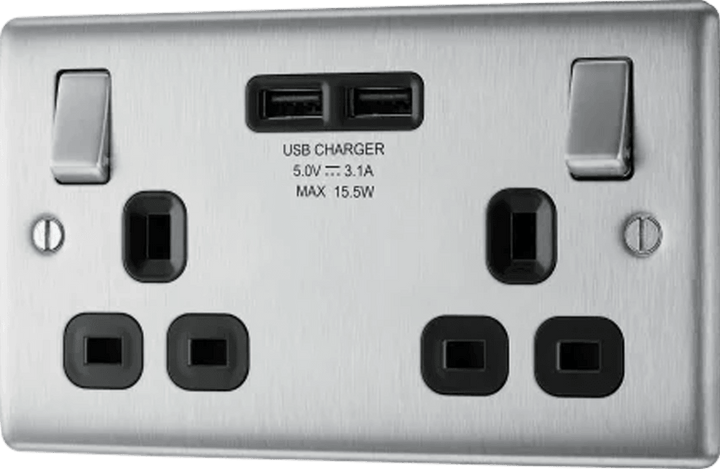 Nexus Metal Double Switched 13A Power Socket with USB Charging - 2X USB Sockets (3.1A) - Prisma Lighting