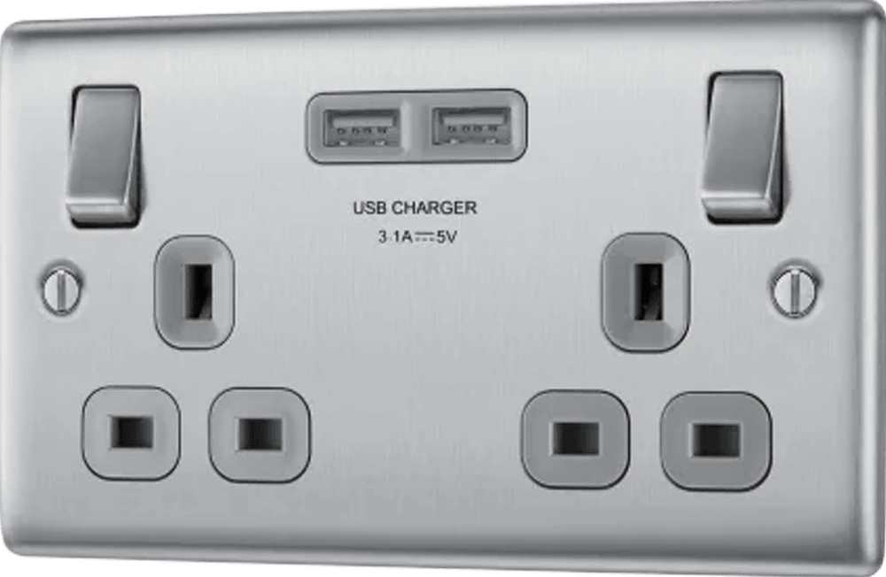 Nexus Metal Double Switched 13A Power Socket with USB Charging - 2X USB Sockets (3.1A) - Prisma Lighting