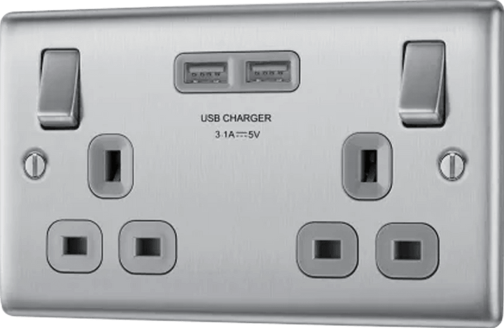 Nexus Metal Double Switched 13A Power Socket with USB Charging - 2X USB Sockets (3.1A) - Prisma Lighting