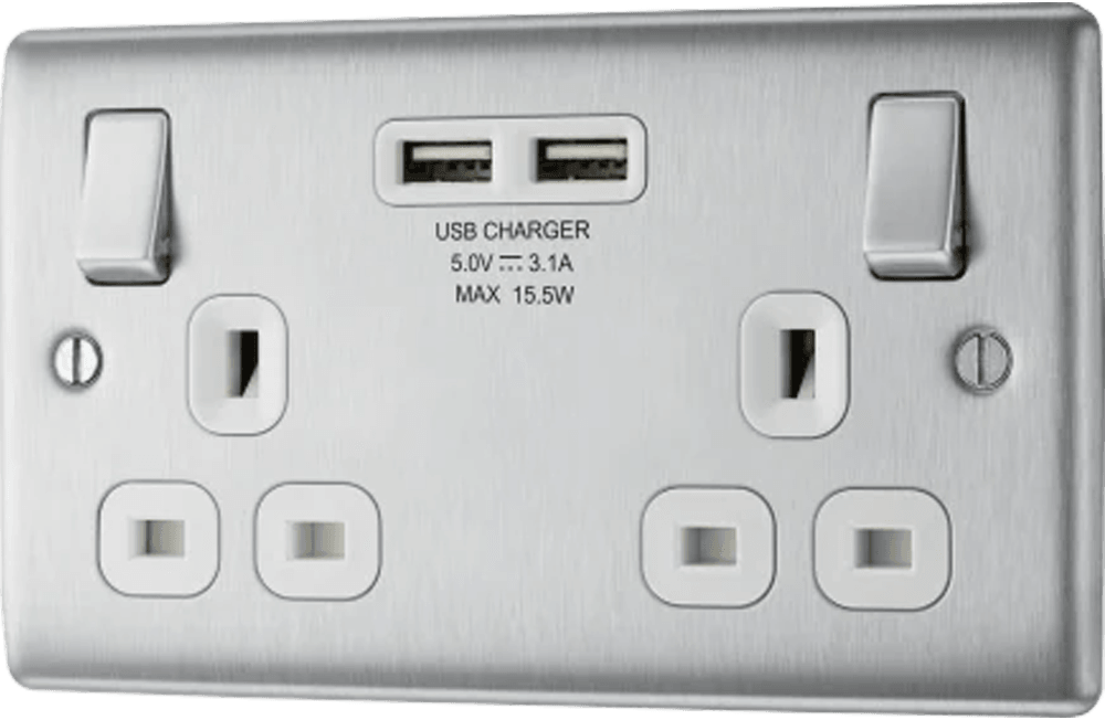 Nexus Metal Double Switched 13A Power Socket with USB Charging - 2X USB Sockets (3.1A) - Prisma Lighting