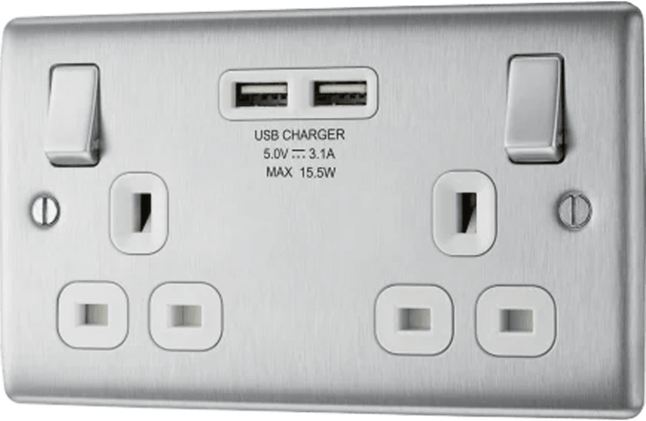 Nexus Metal Double Switched 13A Power Socket with USB Charging - 2X USB Sockets (3.1A) - Prisma Lighting