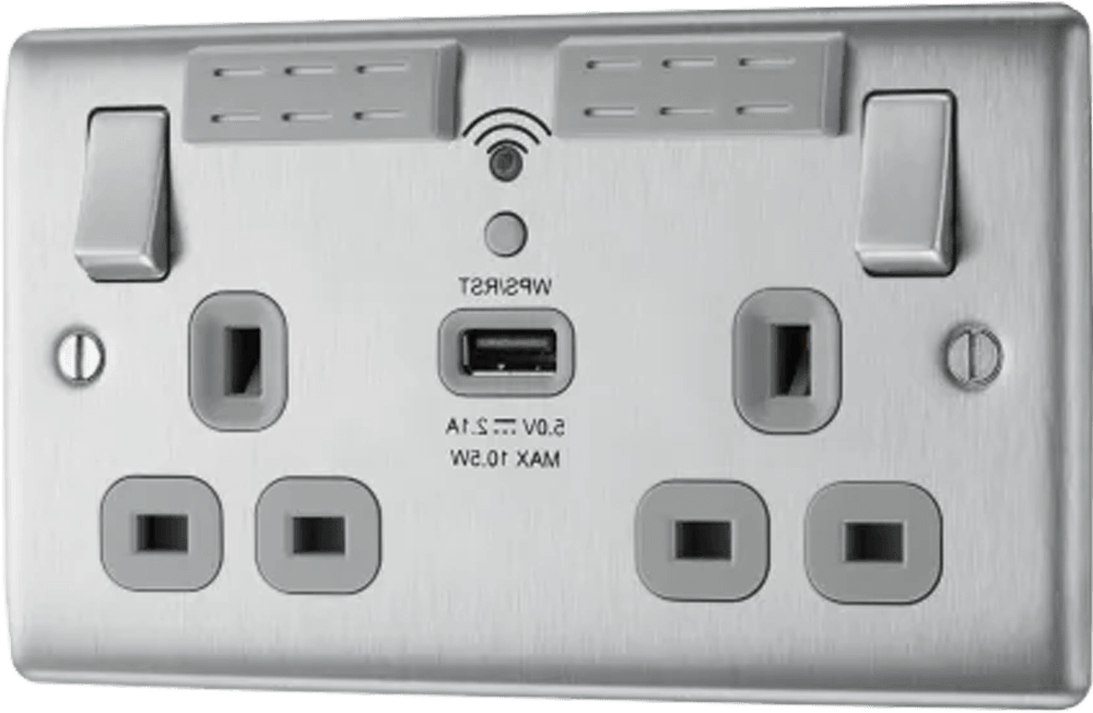 Nexus Metal Double Switched 13A Power Socket with WiFi Extender + USB Charging - 1X USB Socket (2.1A) - Prisma Lighting