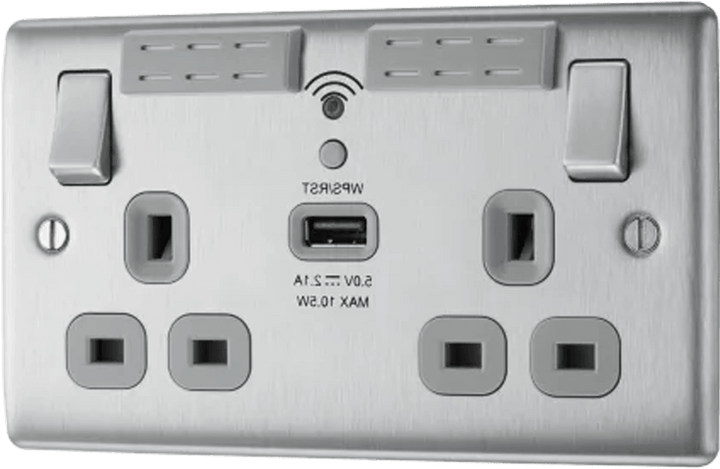 Nexus Metal Double Switched 13A Power Socket with WiFi Extender + USB Charging - 1X USB Socket (2.1A) - Prisma Lighting
