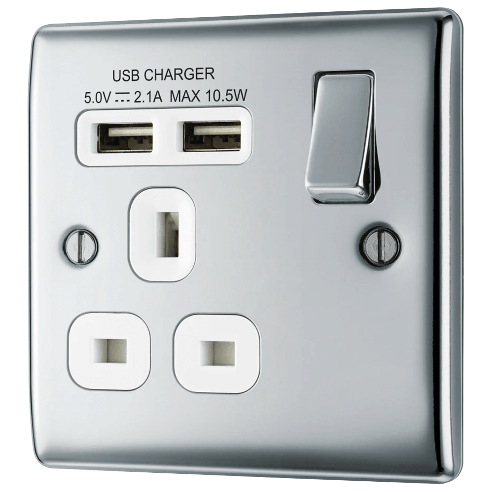 Nexus Metal Single Switched 13A Power Socket with USB Charging - 2X USB Sockets (2.1A) - Prisma Lighting
