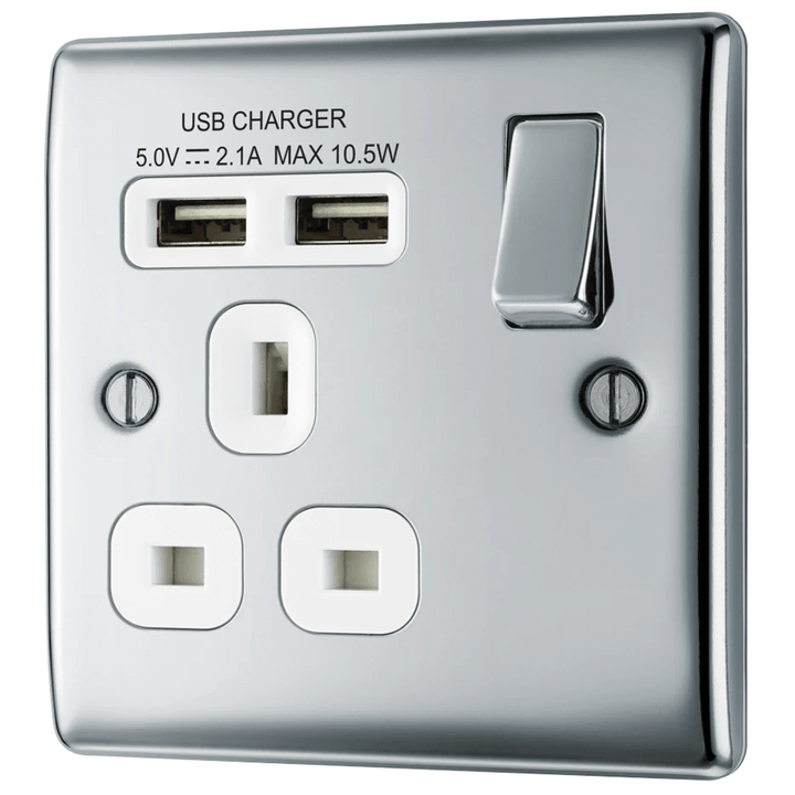 Nexus Metal Single Switched 13A Power Socket with USB Charging - 2X USB Sockets (2.1A) - Prisma Lighting