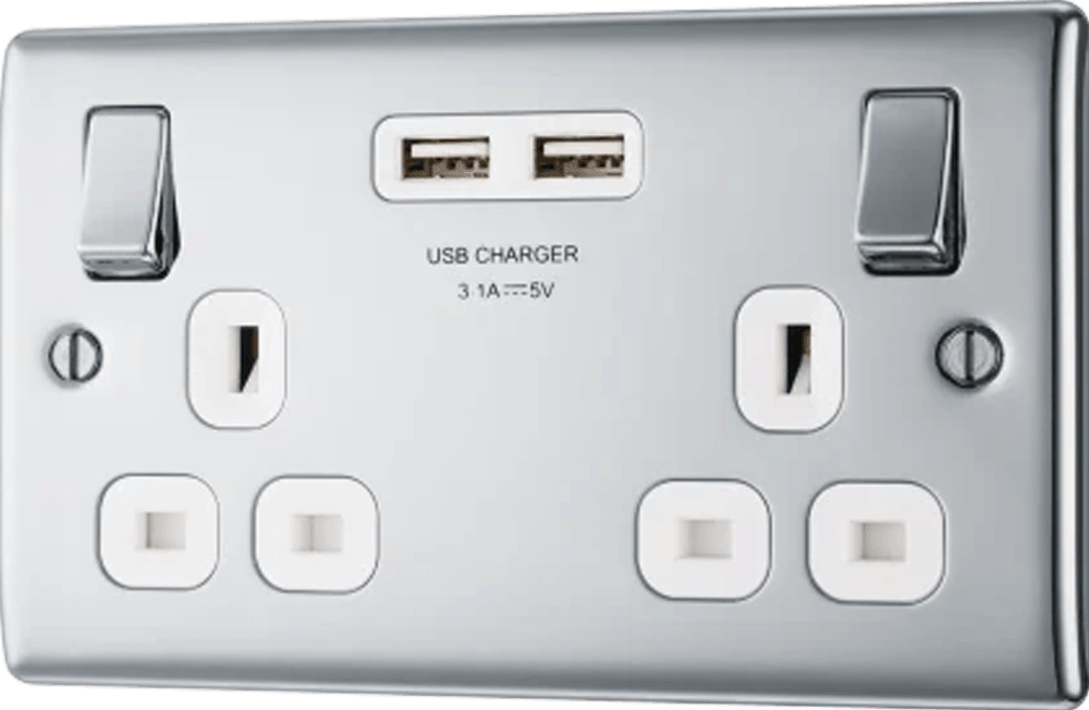 Nexus Metal Double Switched 13A Power Socket with USB Charging - 2X USB Sockets (3.1A) - Prisma Lighting