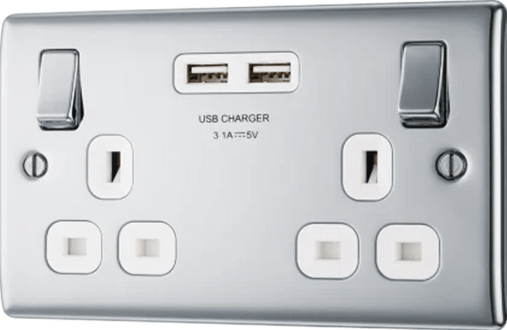 Nexus Metal Double Switched 13A Power Socket with USB Charging - 2X USB Sockets (3.1A) - Prisma Lighting