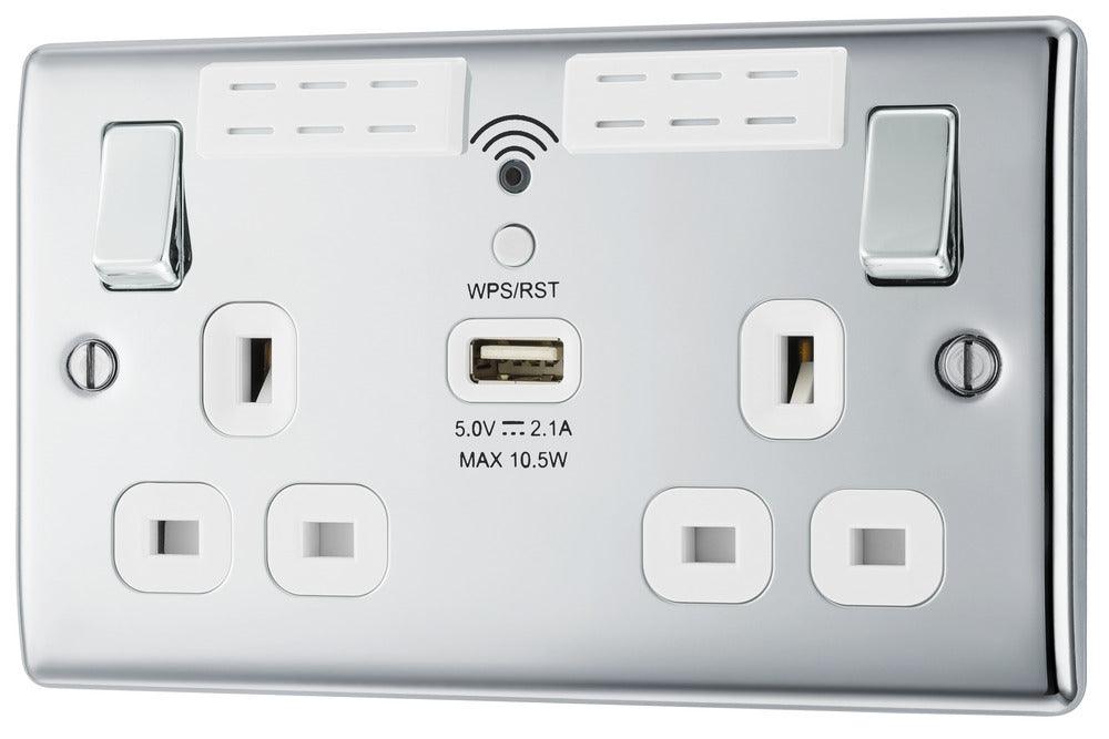 Nexus Metal Double Switched 13A Power Socket with WiFi Extender + USB Charging - 1X USB Socket (2.1A) - Prisma Lighting