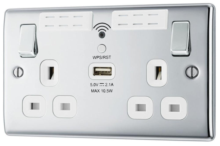Nexus Metal Double Switched 13A Power Socket with WiFi Extender + USB Charging - 1X USB Socket (2.1A) - Prisma Lighting